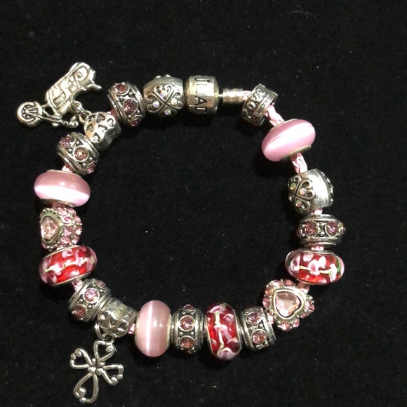 Pink Serjaden Leather Sterling Bracelet With Three 925 Charms - Picture 2 of 14